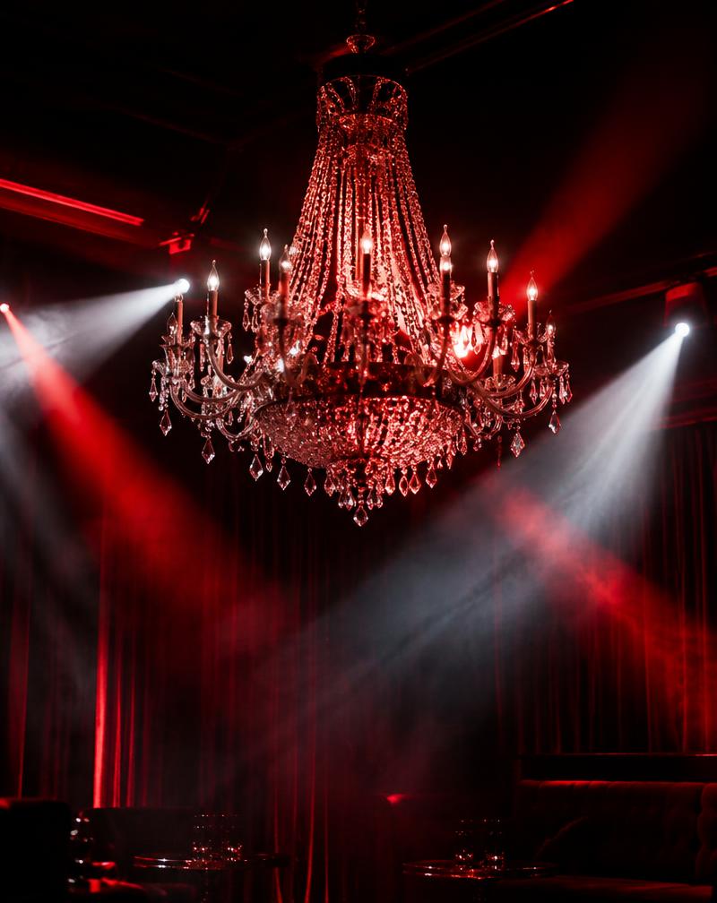 Crystal chandelier under red and white beams