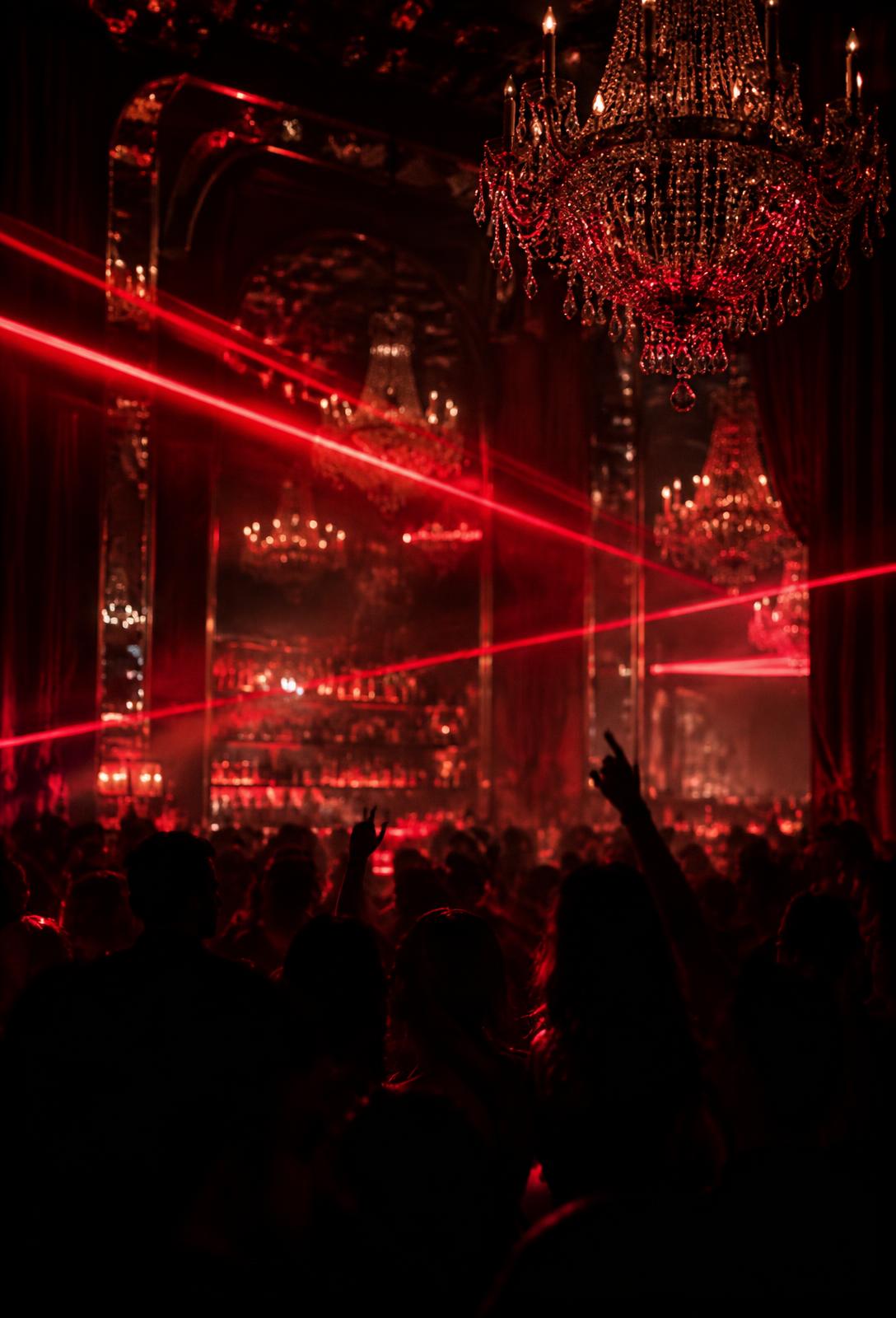 Chandeliers and red lasers over the crowd at THEATA